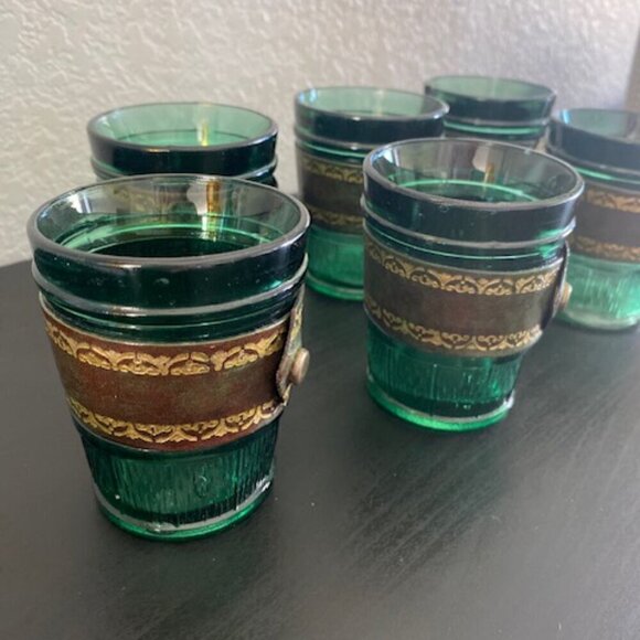 RARE! Vintage MCM Emerald Green Leather Banded Tumbler Glasses Set of 6 - Picture 11 of 14